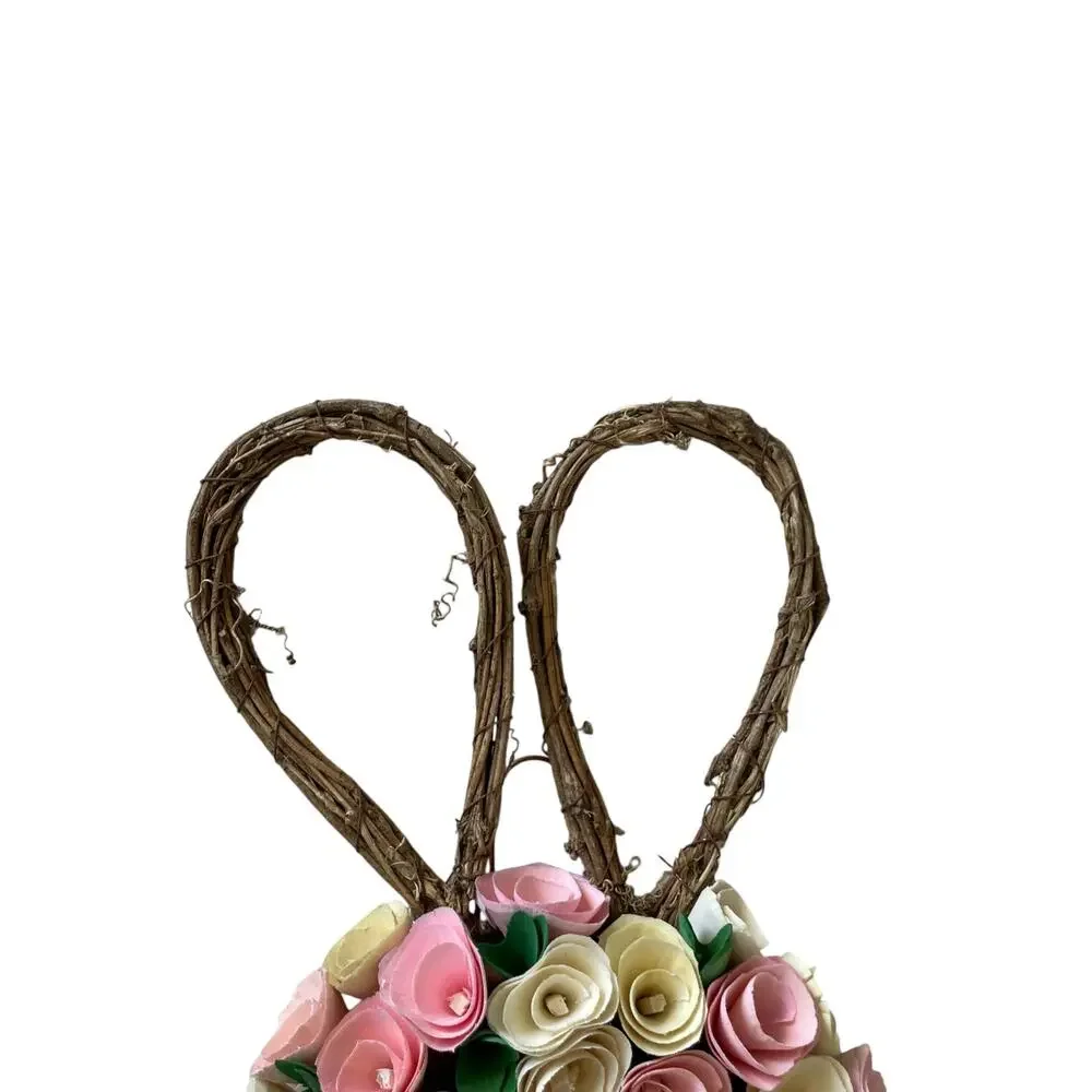 Bunny Shaped Wood Curl Floral Wreath 24in Pink & Yellow Easter Spring Decor NEW